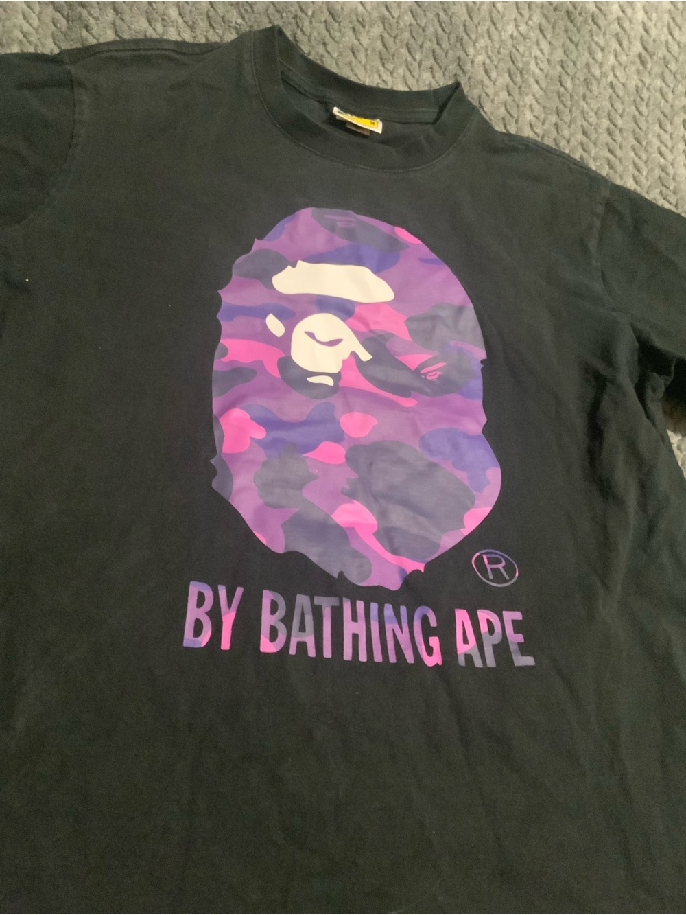 Bape Black Tee with Purple & Pink Camo Ape Head